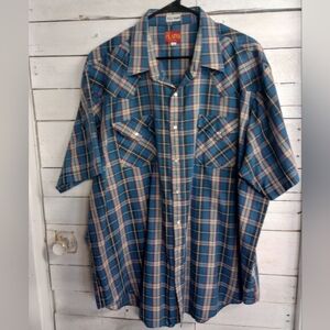 Vintage Ely Plains Western Shirt Mens 2X Blue Plaid Pearl Snaps Short Sleeve